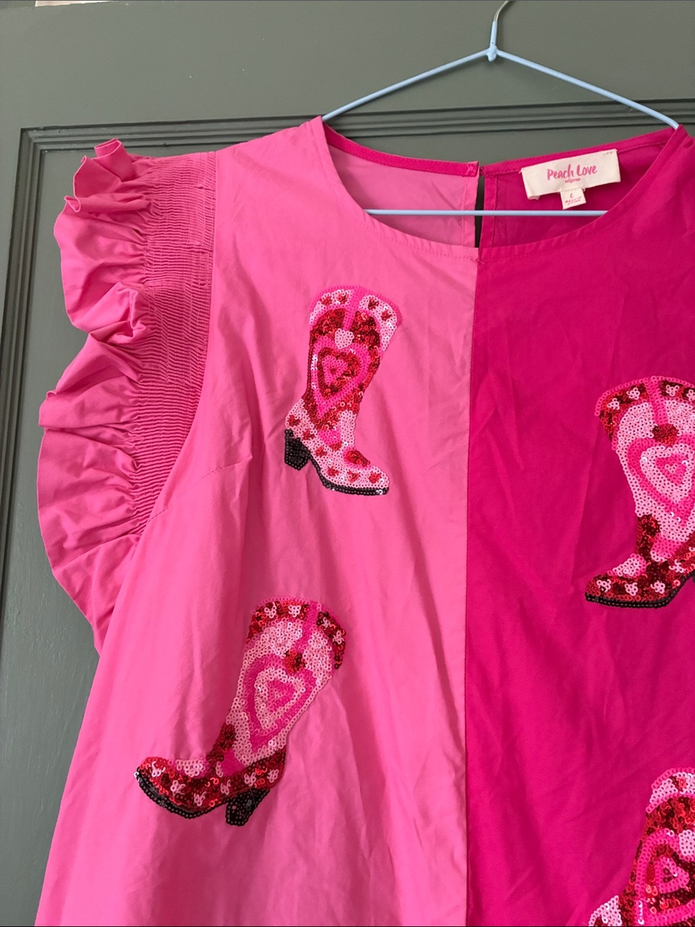 Peach Love California Pink Two-Tone Ruffle Sleeve Dress with Embroidered Boots - Picture 3 of 6